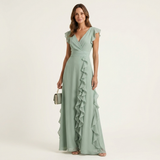 CELESTE | VESTIDO MAXI COM DECOTE EM V, MANGA FLUTUANTE E BABADOS EM CAMADAS