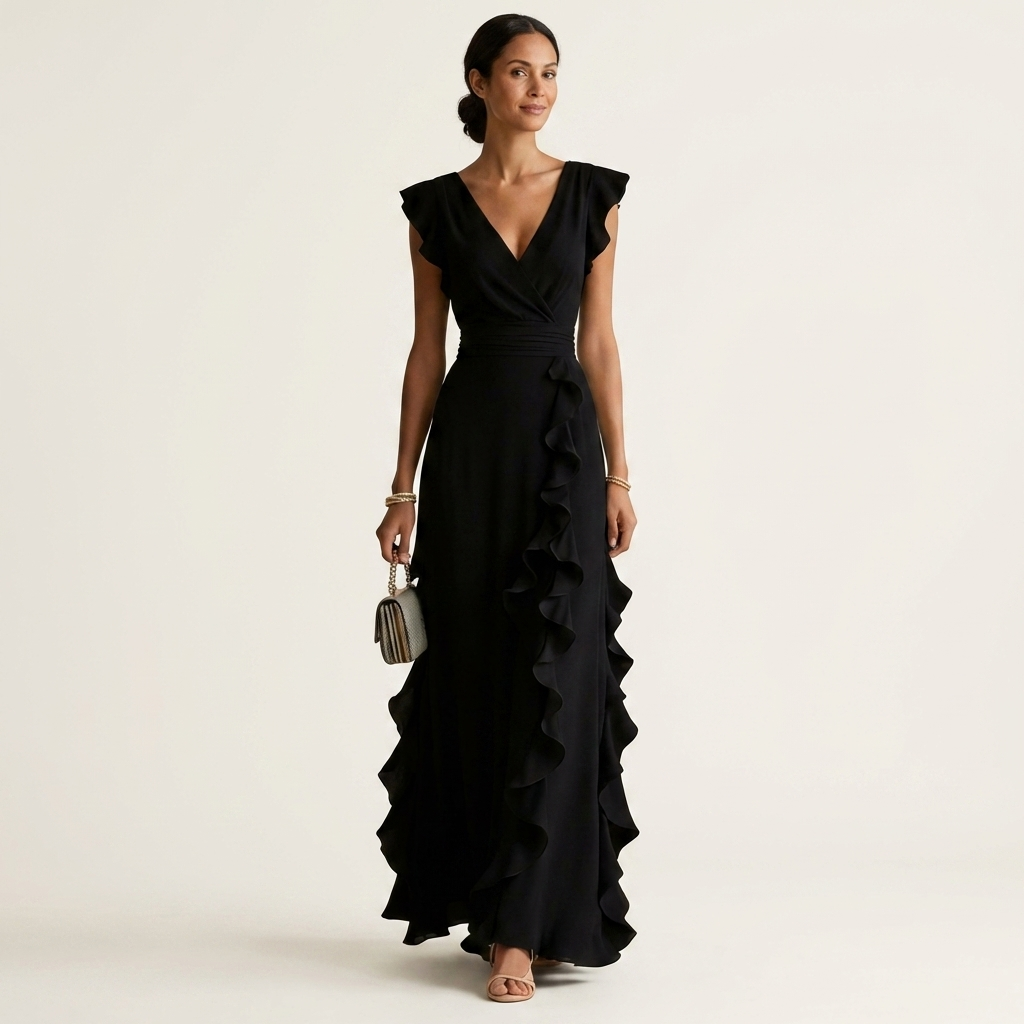 CELESTE | VESTIDO MAXI COM DECOTE EM V, MANGA FLUTUANTE E BABADOS EM CAMADAS