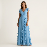 CELESTE | VESTIDO MAXI COM DECOTE EM V, MANGA FLUTUANTE E BABADOS EM CAMADAS