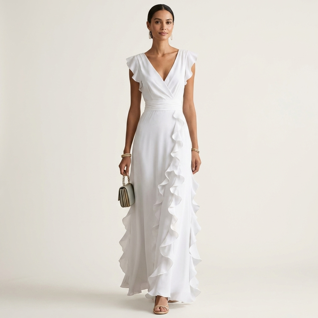 CELESTE | VESTIDO MAXI COM DECOTE EM V, MANGA FLUTUANTE E BABADOS EM CAMADAS