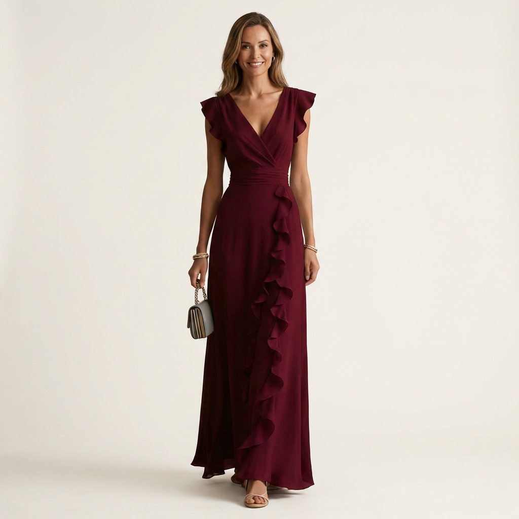 CELESTE | VESTIDO MAXI COM DECOTE EM V, MANGA FLUTUANTE E BABADOS EM CAMADAS