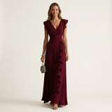 CELESTE | VESTIDO MAXI COM DECOTE EM V, MANGA FLUTUANTE E BABADOS EM CAMADAS