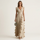 CELESTE | VESTIDO MAXI COM DECOTE EM V, MANGA FLUTUANTE E BABADOS EM CAMADAS