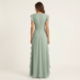 CELESTE | VESTIDO MAXI COM DECOTE EM V, MANGA FLUTUANTE E BABADOS EM CAMADAS