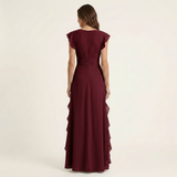 CELESTE | VESTIDO MAXI COM DECOTE EM V, MANGA FLUTUANTE E BABADOS EM CAMADAS