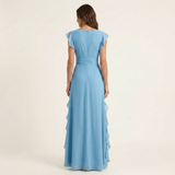 CELESTE | VESTIDO MAXI COM DECOTE EM V, MANGA FLUTUANTE E BABADOS EM CAMADAS
