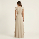 CELESTE | VESTIDO MAXI COM DECOTE EM V, MANGA FLUTUANTE E BABADOS EM CAMADAS