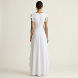 CELESTE | VESTIDO MAXI COM DECOTE EM V, MANGA FLUTUANTE E BABADOS EM CAMADAS