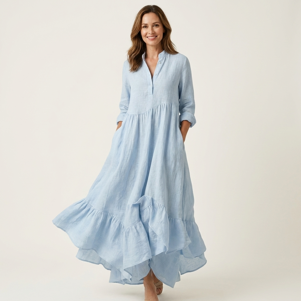ADRIANNA | VESTIDO MAXI COM GOLA E BOTÕES NA FRENTE E HEM RUFFLE