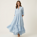 ADRIANNA | VESTIDO MAXI COM GOLA E BOTÕES NA FRENTE E HEM RUFFLE