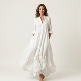 ADRIANNA | VESTIDO MAXI COM GOLA E BOTÕES NA FRENTE E HEM RUFFLE