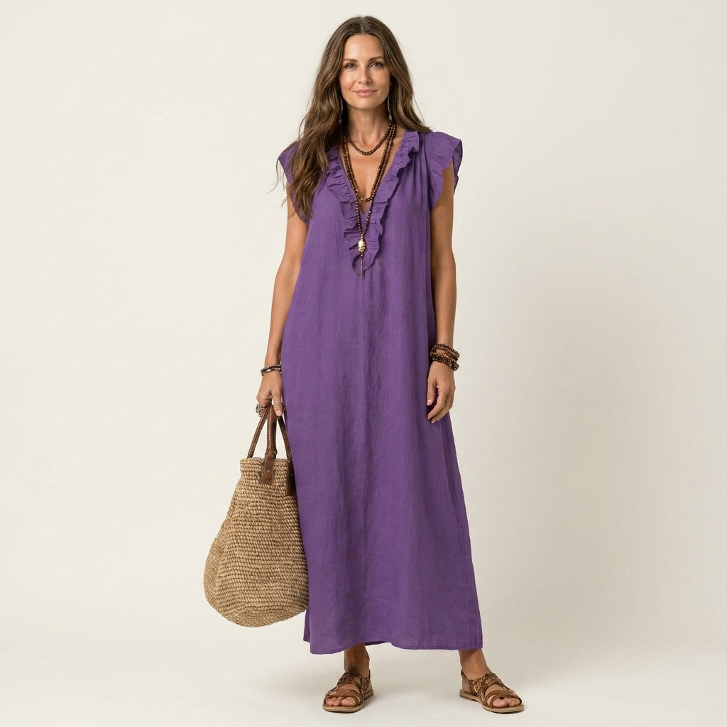 JOSETTE | VESTIDO MAXI ELEGANTE COM VOLANTES E DECOTE EM V