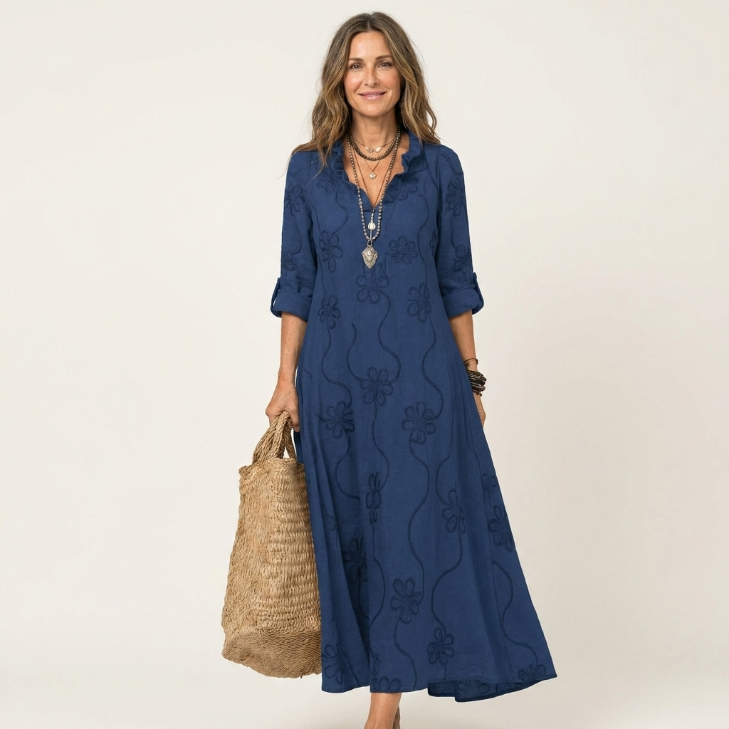 ODALYS | VESTIDO MAXI COM BORDADO FLORAL TONAL