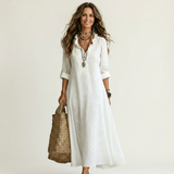 ODALYS | VESTIDO MAXI COM BORDADO FLORAL TONAL