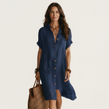 FLORENTINO | VESTIDO CAMISOLA MIDI EM ALGODÃO-LINHO COM MANGAS ENROLADAS