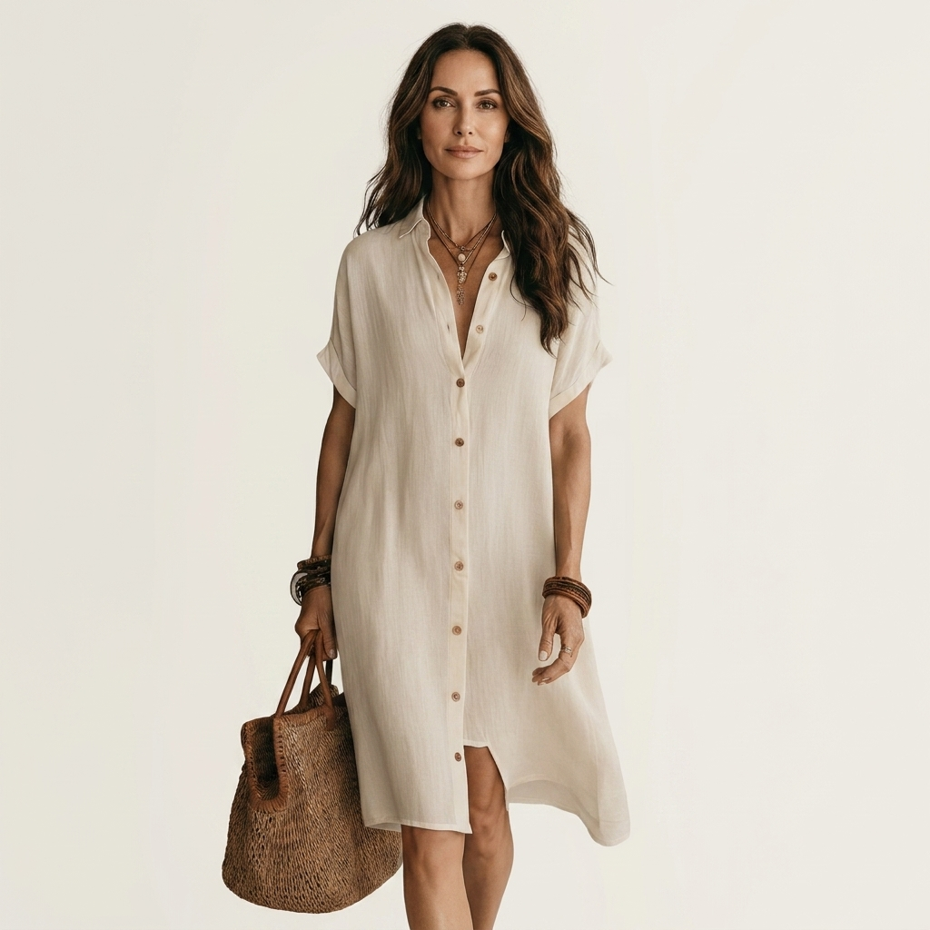 FLORENTINO | VESTIDO CAMISOLA MIDI EM ALGODÃO-LINHO COM MANGAS ENROLADAS