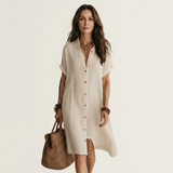 FLORENTINO | VESTIDO CAMISOLA MIDI EM ALGODÃO-LINHO COM MANGAS ENROLADAS