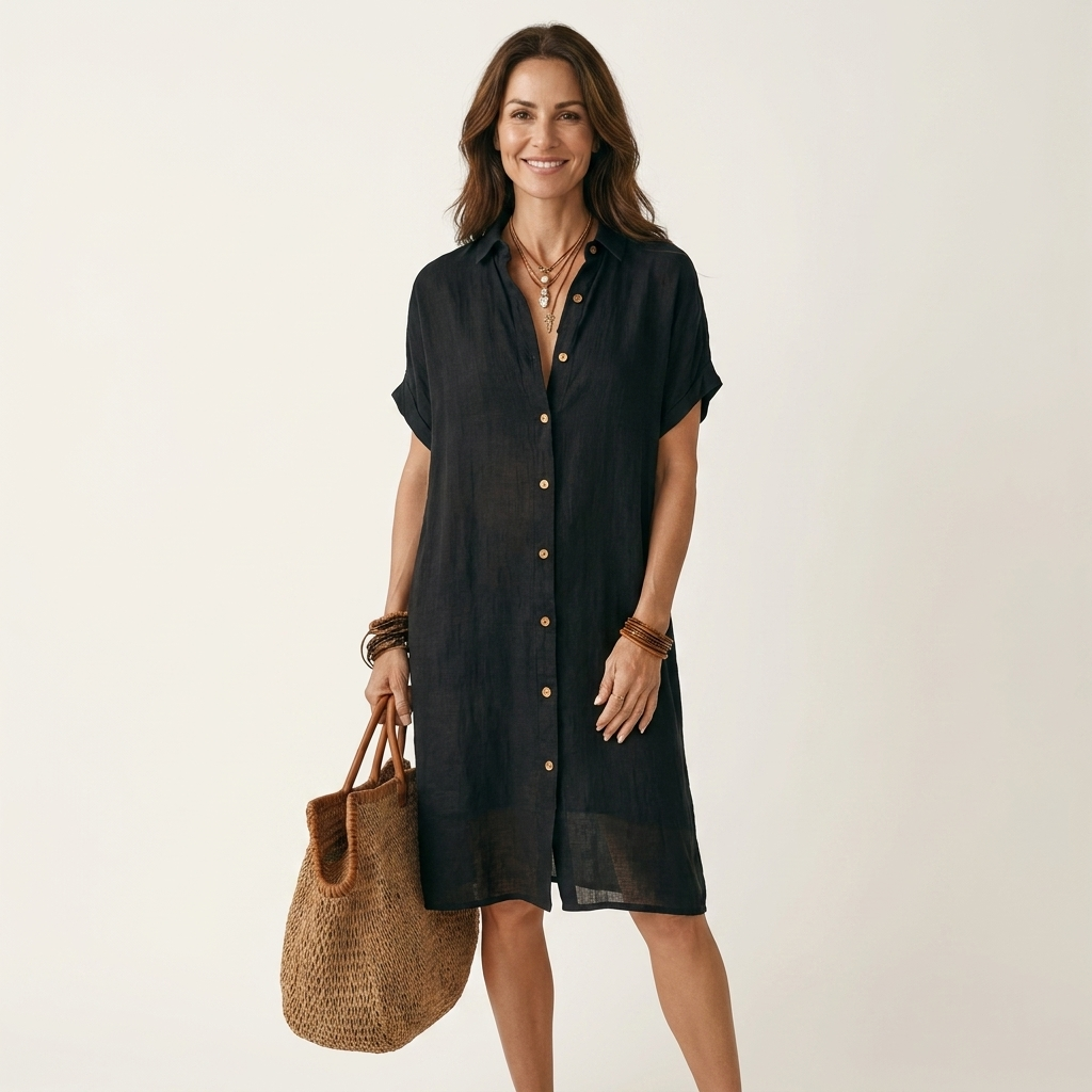 FLORENTINO | VESTIDO CAMISOLA MIDI EM ALGODÃO-LINHO COM MANGAS ENROLADAS