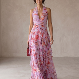 Belladina | Romântica Cascata de Rosas Vestido longo com Decote Americano
